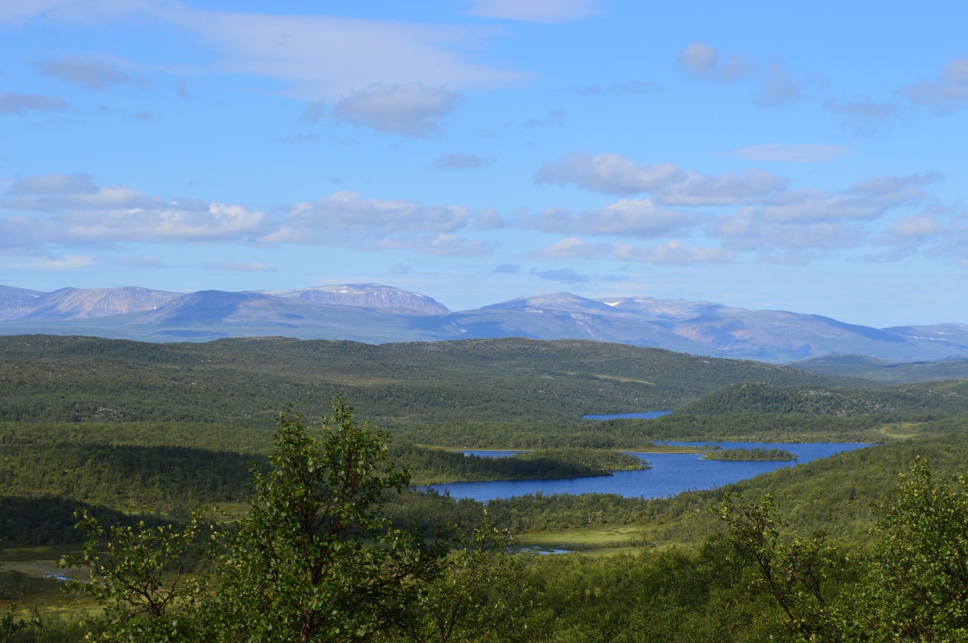 Blue lakes among forested hills with a mountain range in the distance