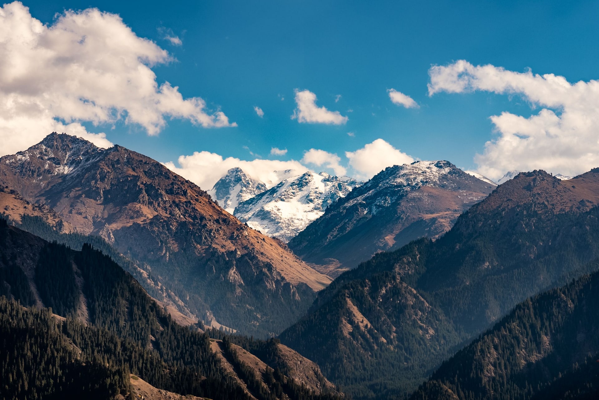 Snow-capped mountain peaks above a forested valley beneath blue sky and clouds